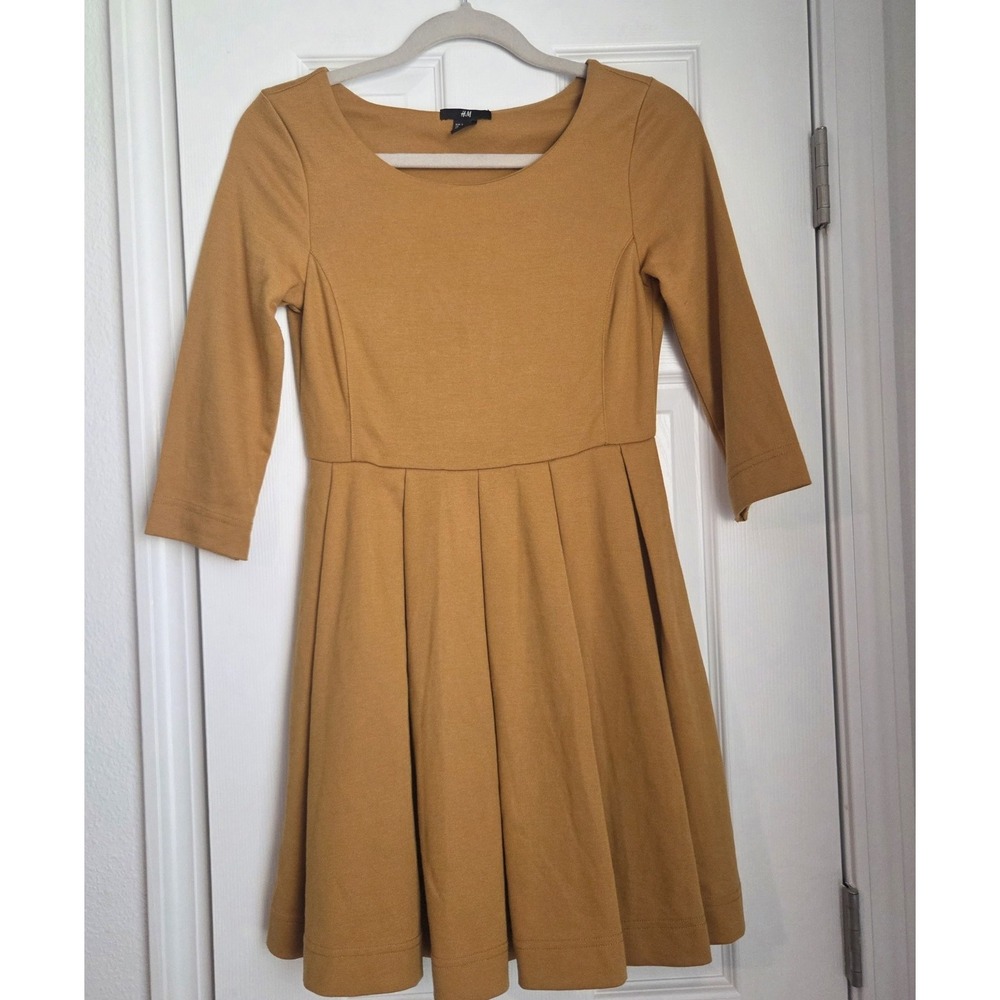 H&M Skater Dress S Mustard Yellow Fit Flare 3/4 Sleeve Pleated Mini Dress